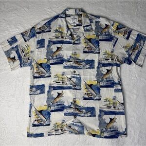 AFTCO Guy Harvey Bluewater Wear Large Short Sleeve Button Shirt Fishing AOP